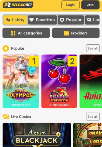 Reloadbet Casino mobile screen slots games