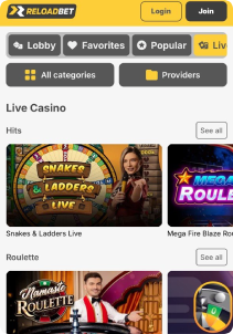 Reloadbet Casino mobile screen live games