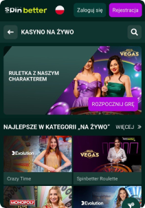 SpinBettr Casino mobile screen live games