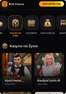 WildChance Casino mobile screen live games