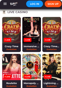 Rakoo Casino mobile screen live games