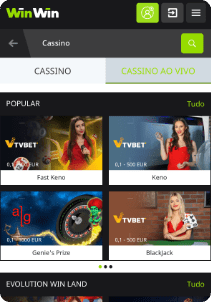 WinWin Casino mobile screen live games