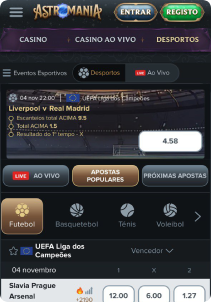Astromania Casino mobile screen sports