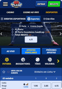 BigClash Casino mobile screen sports