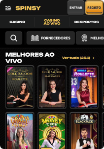 Spinsy Casino mobile screen live games