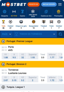 Mostbet Casino mobile screen sports