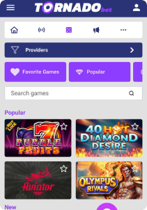 TornadoBet Casino mobile screen slots games