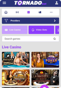 TornadoBet Casino mobile screen live games