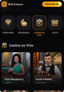 WildChance Casino mobile screen live games