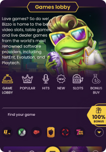 Bizzo casino mobile screen games lobby