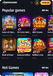Winshark casino mobile screen popular games